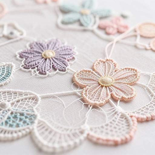 Close-up photograph of intricately embroidered flowers in purple, beige, white, and pink on a delicate lace background.