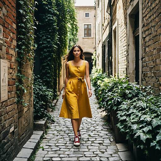 Woman in Yellow Dress Walking in Cobblestone Alley