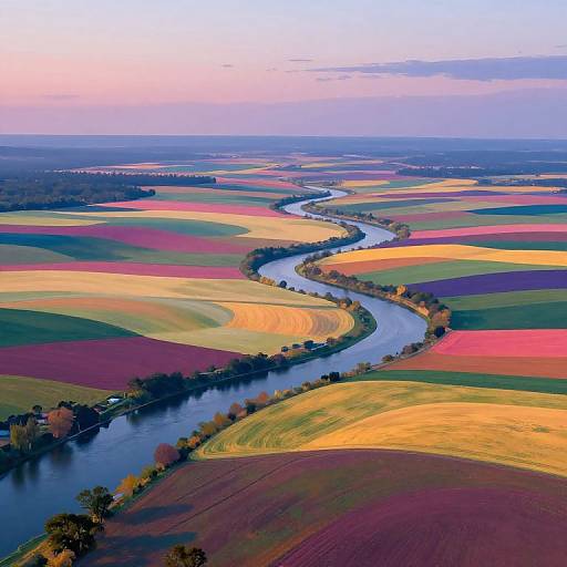 Aerial photograph of a winding river cutting through colorful, patchwork fields with vibrant reds, yellows, greens, and purples under a pink