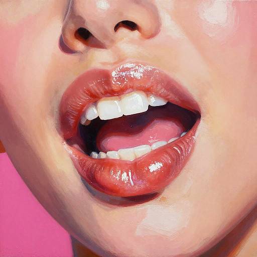 Close-up photograph of a person's lips and teeth, with glossy red lipstick, slightly open mouth, white teeth visible, pink background.