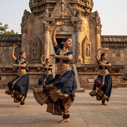 Photograph of four Indian dancers in blue and gold traditional costumes, performing in front of a detailed, ancient stone temple.