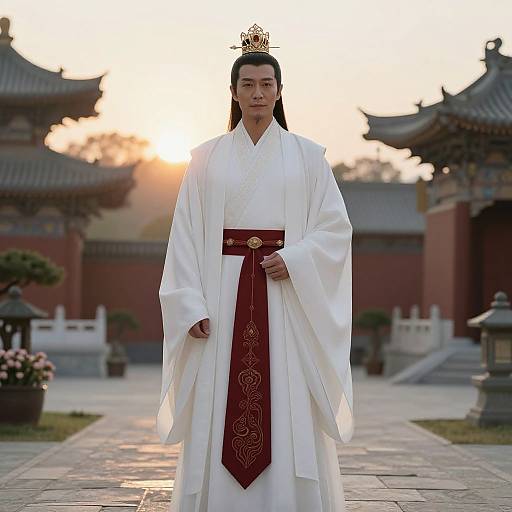 Photograph of an Asian woman in a traditional white Korean hanbok with a red sash, gold crown, standing in a sunlit traditional courtyard