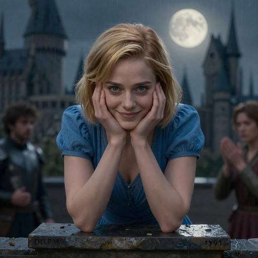 Blonde Woman in Blue Dress at Hogwarts Castle