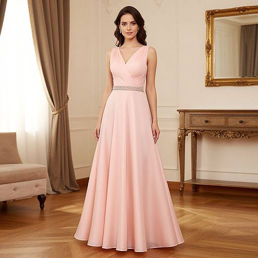 Photograph of a woman with dark hair in a sleeveless, pink, V-neck ball gown with a sparkling waistband, standing in an elegant room