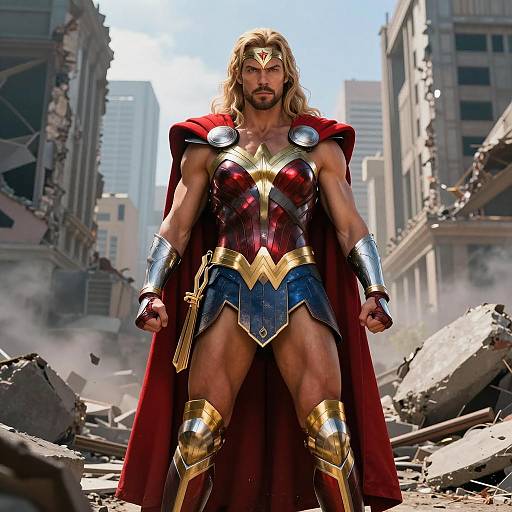 Heroic Wonder Woman in Ruined City