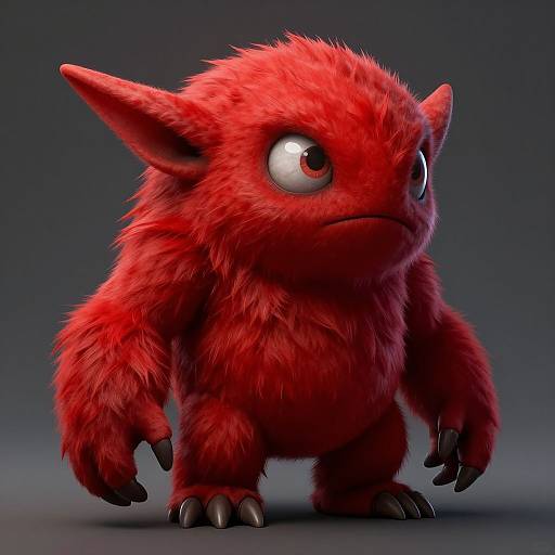 CGI image of a cute, red, furry, monster-like creature with large, shiny eyes, pointed ears, and black claws, standing against a