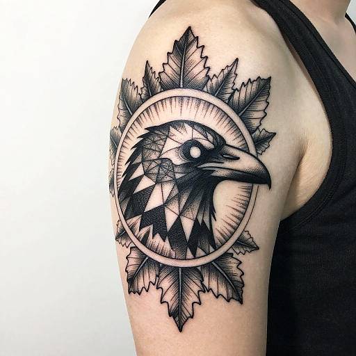 Black ink tattoo of a geometric bird head with triangular patterns and leafy sunburst on a muscular arm, wearing a black tank top. Photographic image