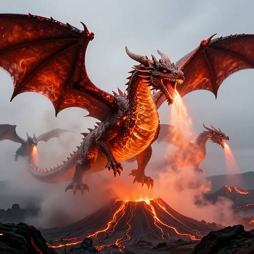 Photograph-style digital art of a fierce red and black dragon with glowing orange scales, large wings, and fiery breath, standing atop a erupting volcano