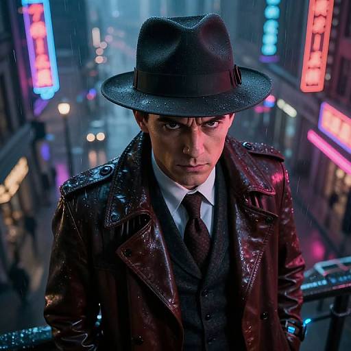 Photorealistic CGI of a serious, rain-soaked man in a dark leather coat and fedora, standing in a neon-lit, rainy urban