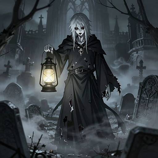 Dark, gothic anime-style drawing of a pale, white-haired figure with glowing eyes, tattered black cloak, holding lantern, standing in misty