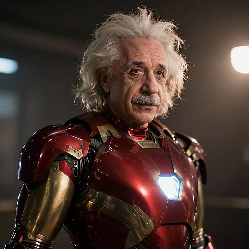 Photograph of an elderly man with white hair and mustache, wearing a shiny red and gold Iron Man suit, illuminated by a glowing chest piece,