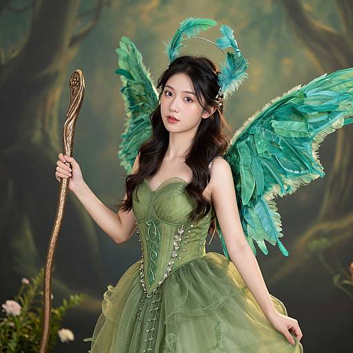 Photograph of an Asian woman with long black hair, green fairy wings, and dress, holding a golden staff, set against a forest background.