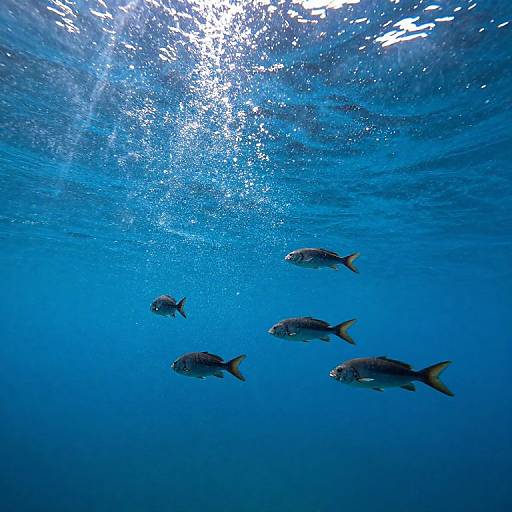 Photograph of five blue fish swimming underwater in a clear, vibrant blue ocean with sunlight piercing through the water's surface.