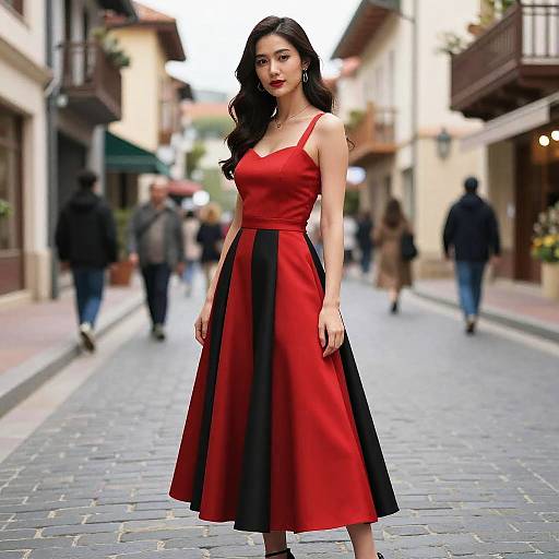 Woman in Red and Black Dress on European Street