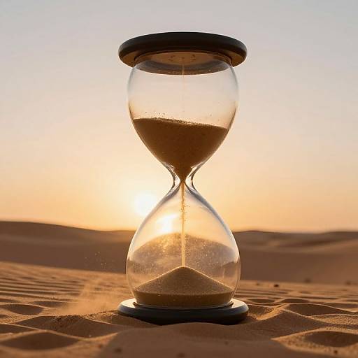Photograph of a glass hourglass on a sandy desert, backlit by a setting sun, with golden light and shadows.