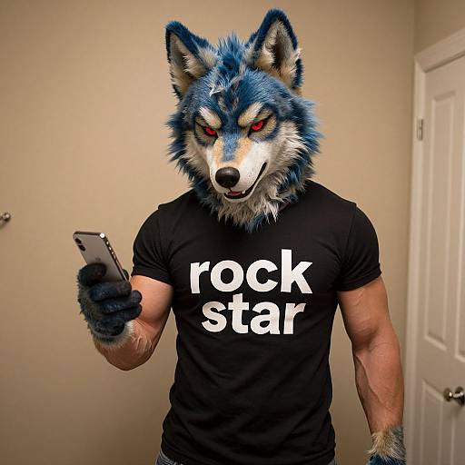 Photograph of a muscular anthropomorphic wolf with blue fur, red eyes, wearing a black 