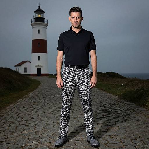 Man in Vintage Golf Attire by Lighthouse