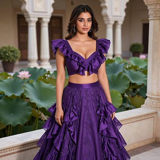 Photograph of a beautiful woman with dark hair in a vibrant purple, ruffled, two-piece outfit standing in a lush, colonial-style courtyard with large