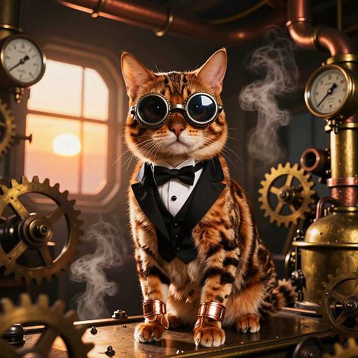 Steampunk-style photograph of a tabby cat wearing round goggles, black tuxedo, and brass cuffs, surrounded by gears and clockwork machinery