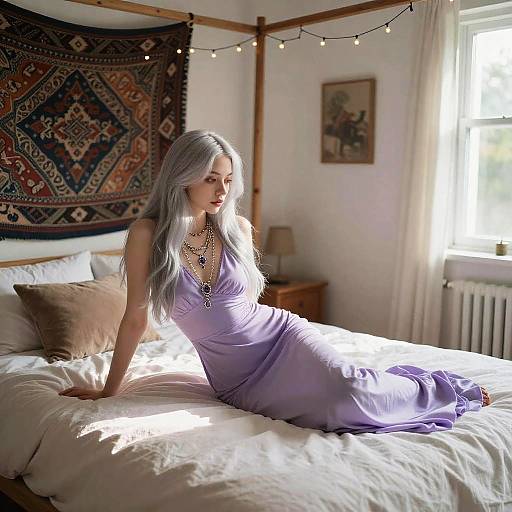 Young Woman in Lavender Dress on Bed