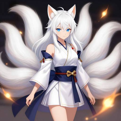 Digital anime-style drawing of a white-haired, blue-eyed fox girl with nine large, fluffy white tails, wearing a white and blue kimono, against