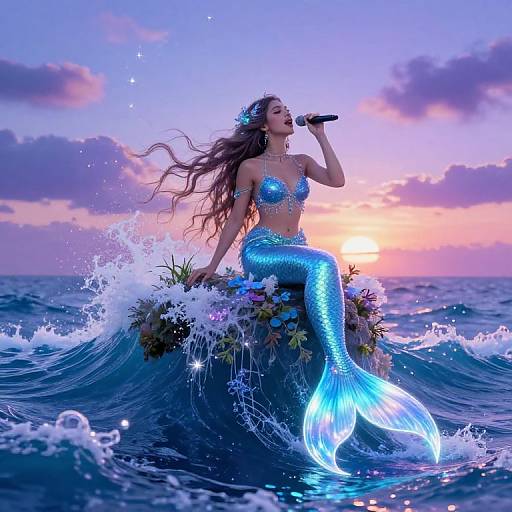 Digital artwork of a blue mermaid with long hair, singing into a microphone, sitting on a wave with flowers, at sunset.