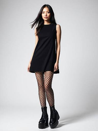 Asian Woman in Black Mini Dress and Fishnet Tights