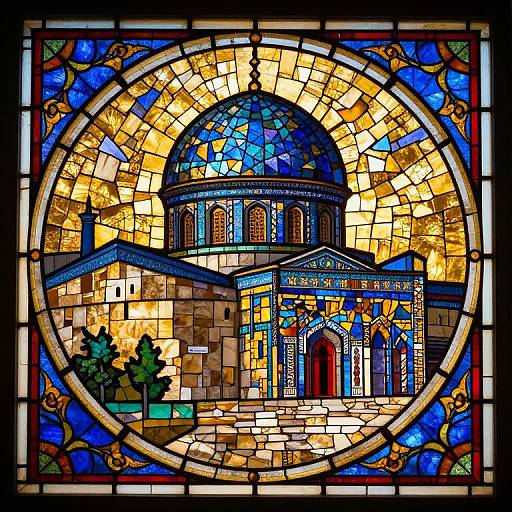 Vibrant stained glass window depicting a detailed, colorful mosaic-style church with a blue dome, surrounded by circular and square patterns.