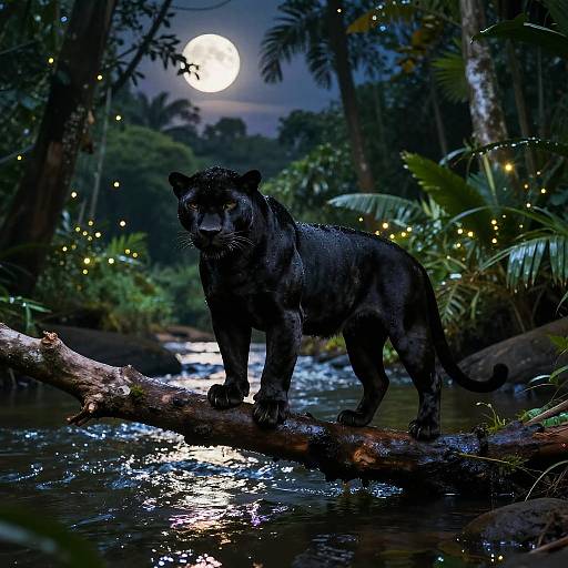 Photograph of a black jaguar standing on a fallen log in a moonlit jungle, surrounded by glowing fireflies and lush greenery.