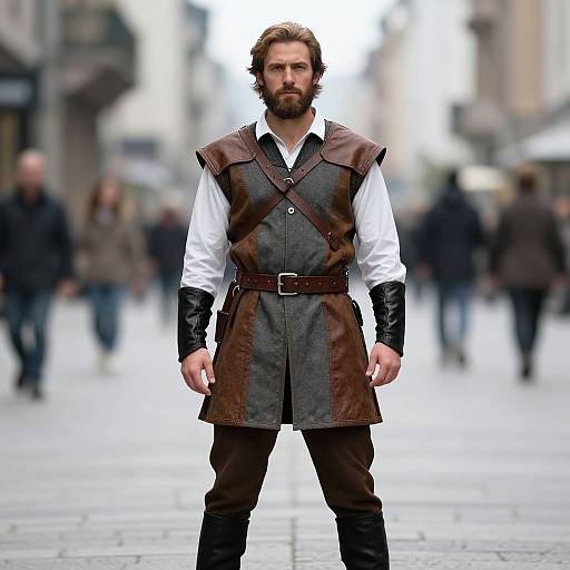 Photograph: Bearded man with wavy brown hair, white shirt, brown leather vest, and black pants, standing in a blurred urban street.