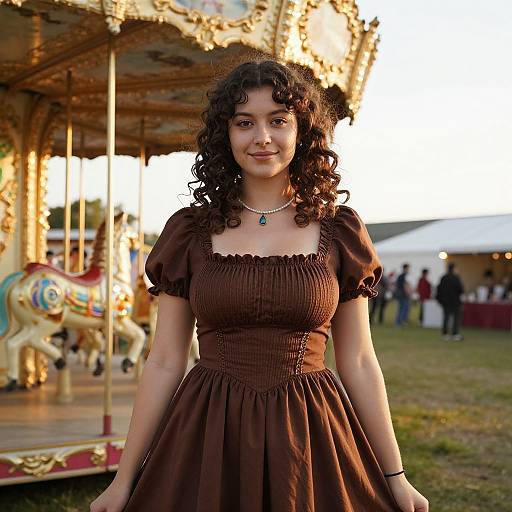 Photograph of a smiling young woman with curly dark hair, wearing a brown dress, standing in front of a vintage, ornate carousel at dusk.