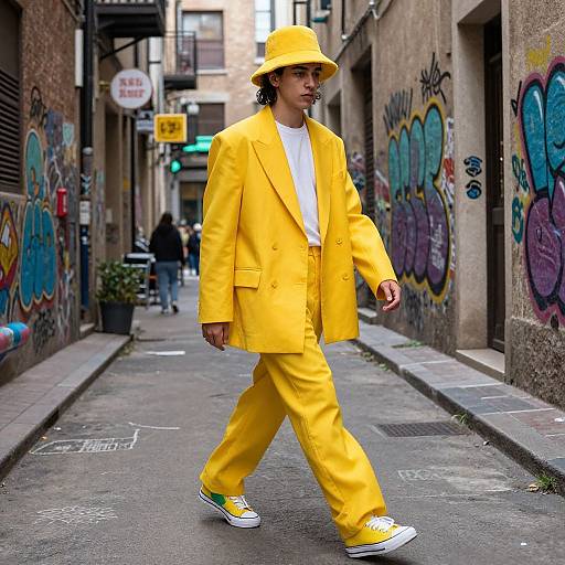 Photograph of a young man in a bright yellow suit, hat, and sneakers, walking down a graffiti-covered urban alley.