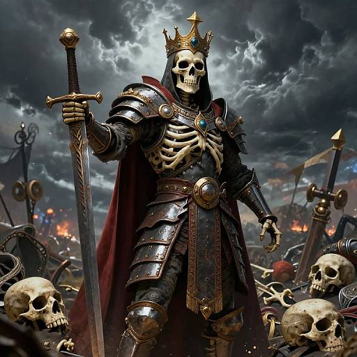 Digital art of a skeletal king in dark armor and crown, wielding a sword, surrounded by skulls and swords under a stormy sky.