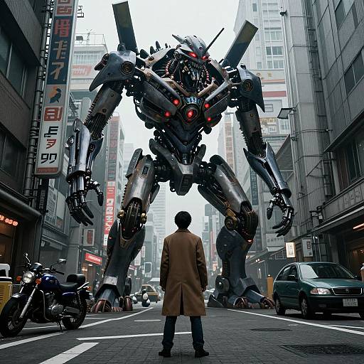 Photograph-style CGI: Small man in brown coat faces massive, red-eyed, black mecha robot on bustling urban street with tall buildings.