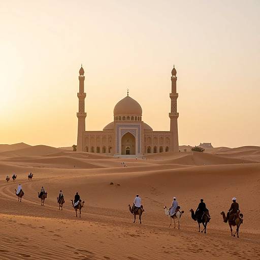 Sunrise Desert Caravan with Mosque