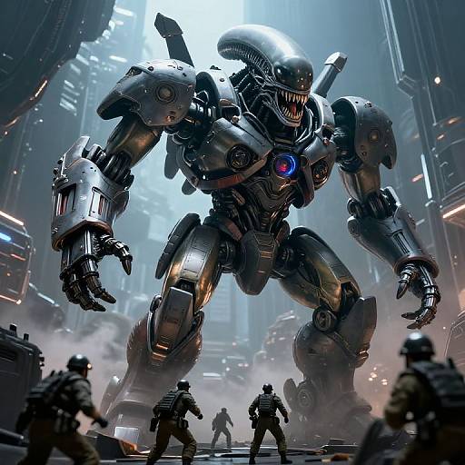 CGI sci-fi image of a massive, robotic, Xenomorph-like creature with glowing blue eyes, towering over small, silhouetted soldiers
