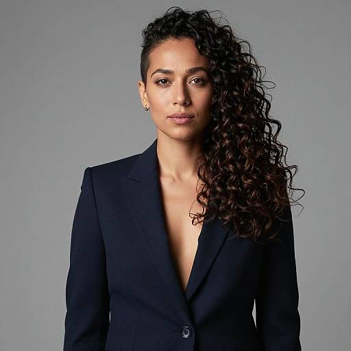 Photograph of a confident, dark-skinned woman with long, curly black hair on one side, wearing a black blazer with a deep neckline,