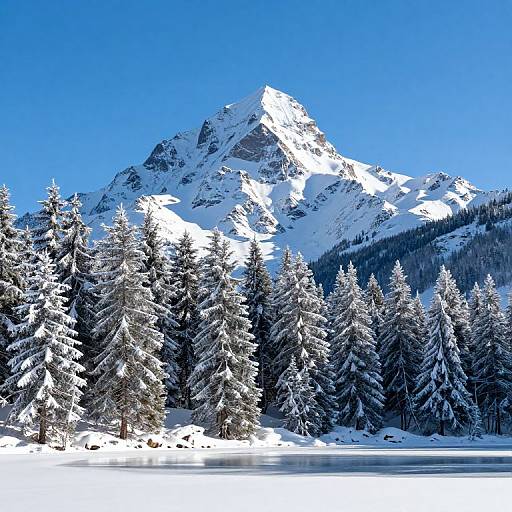 Photograph of a snow-covered mountain peak with clear blue sky, surrounded by frosted pine trees and a frozen lake in the foreground.