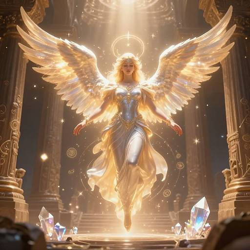 Digital artwork of an angelic woman with glowing wings, halo, and golden dress, descending from a radiant, celestial staircase surrounded by crystal structures.