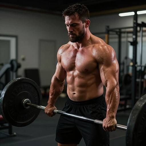 Photograph of a muscular, shirtless man with a beard, sweating, holding a heavy barbell in a dimly lit gym.
