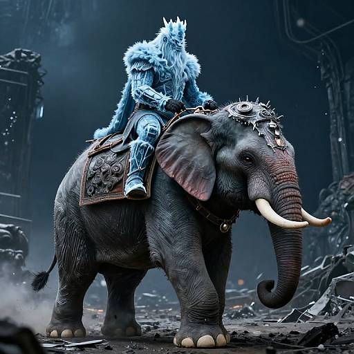 Digital artwork of a blue, furry, armored warrior riding a gray elephant with white tusks, set in a dark, post-apocalyptic landscape.