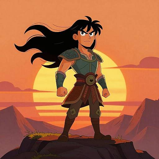Digital drawing of a determined, black-haired warrior with a muscular build, wearing armor and a skirt, standing on a rock at sunset with mountains and a