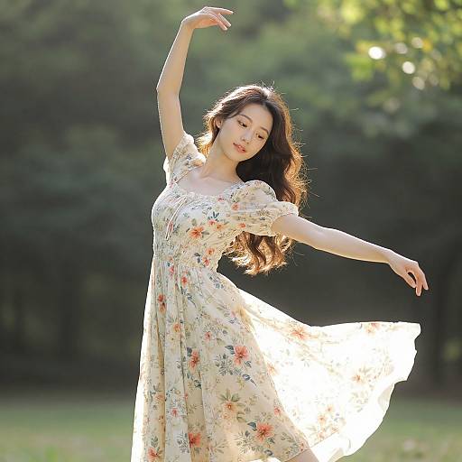 Photograph of an Asian woman with long, wavy black hair, wearing a flowing floral dress, dancing in sunlight with a blurred green forest background.