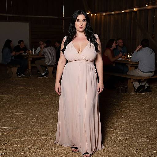 Photograph of a plus-sized woman with long black hair, wearing a flowing, pale pink, deep V-neck dress, standing in a dimly lit