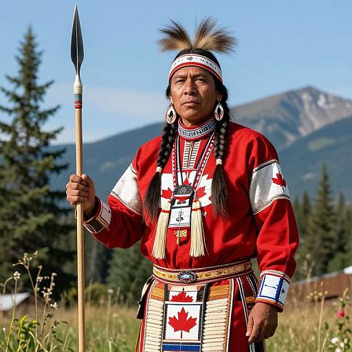 Photograph of a Native American man in traditional red and white attire, holding a spear, with a mountain and pine trees in the background.