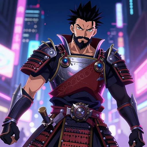 Digital anime-style drawing of a muscular, bearded warrior with spiky black hair, wearing futuristic samurai armor, standing in a neon-lit city