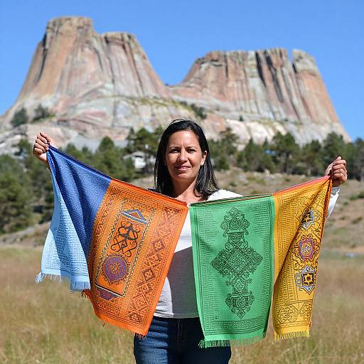 Photograph of a smiling Latina woman with straight black hair, holding colorful woven scarves (blue, orange, green, yellow) against a backdrop of