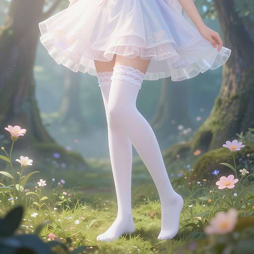 Digital illustration of a woman's lower body in a white frilled dress and thigh-high lace stockings, standing in a sunlit, enchanted forest with blo