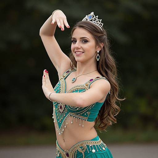 Photograph of a smiling young woman with long brown hair, wearing a silver tiara, green belly-dancer outfit with gold chains, and silver earrings