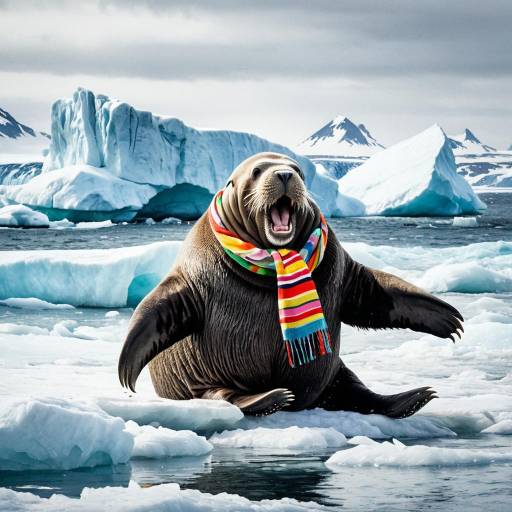 Laughing Walrus with Colorful Scarf on Arctic Ice